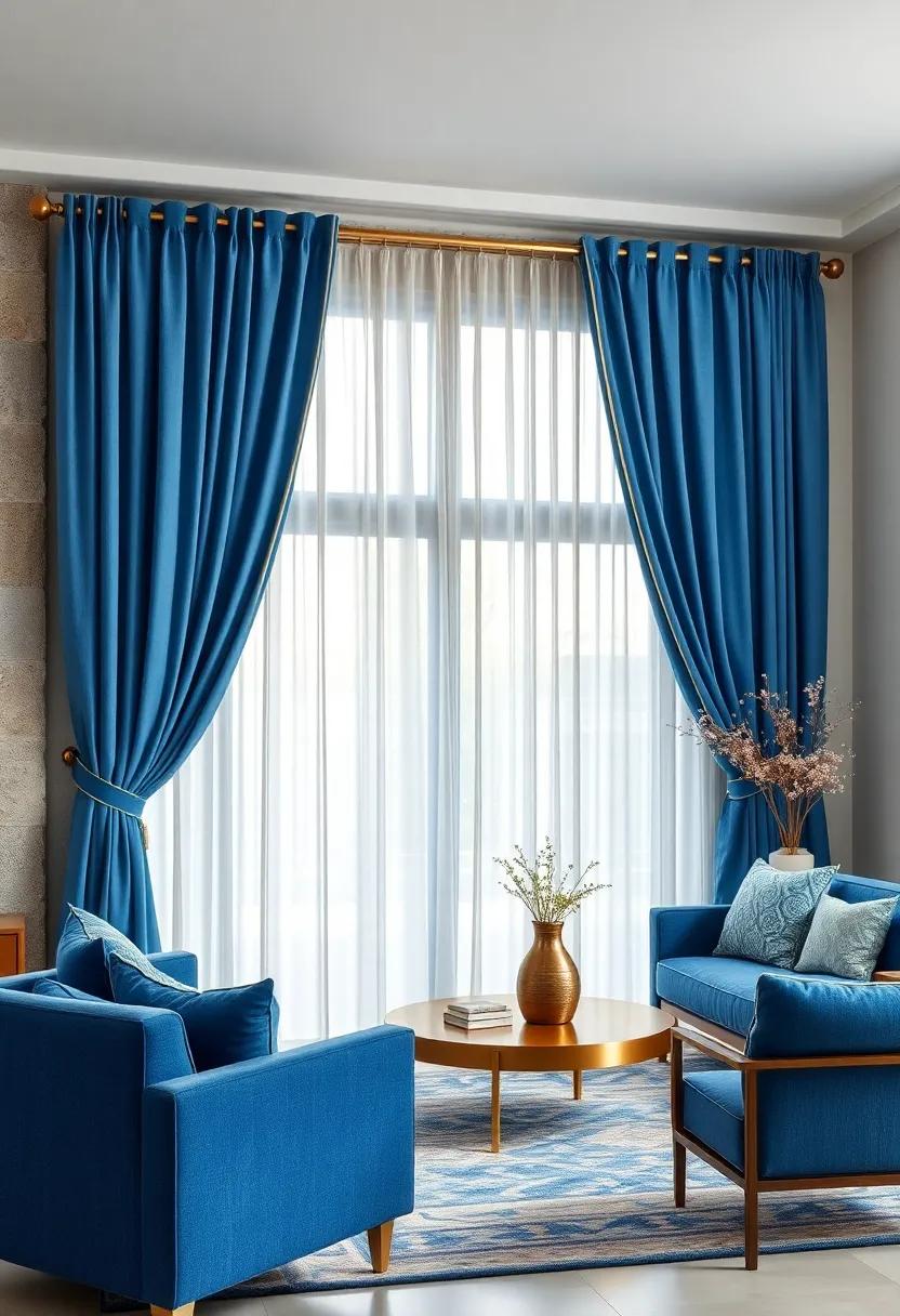 Elegant Blue Curtains Flowing Gracefully with Brass Curtain Rods and Subtle Metallic Trims