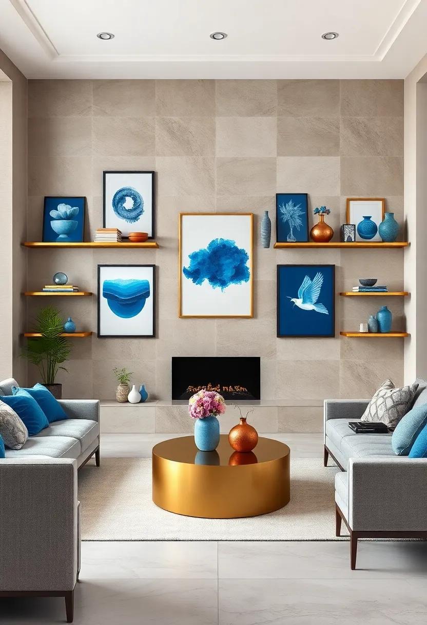 Symmetrical Arrangement of Blue Artwork and Brass Shelving Units Forming a Balanced Gallery Wall