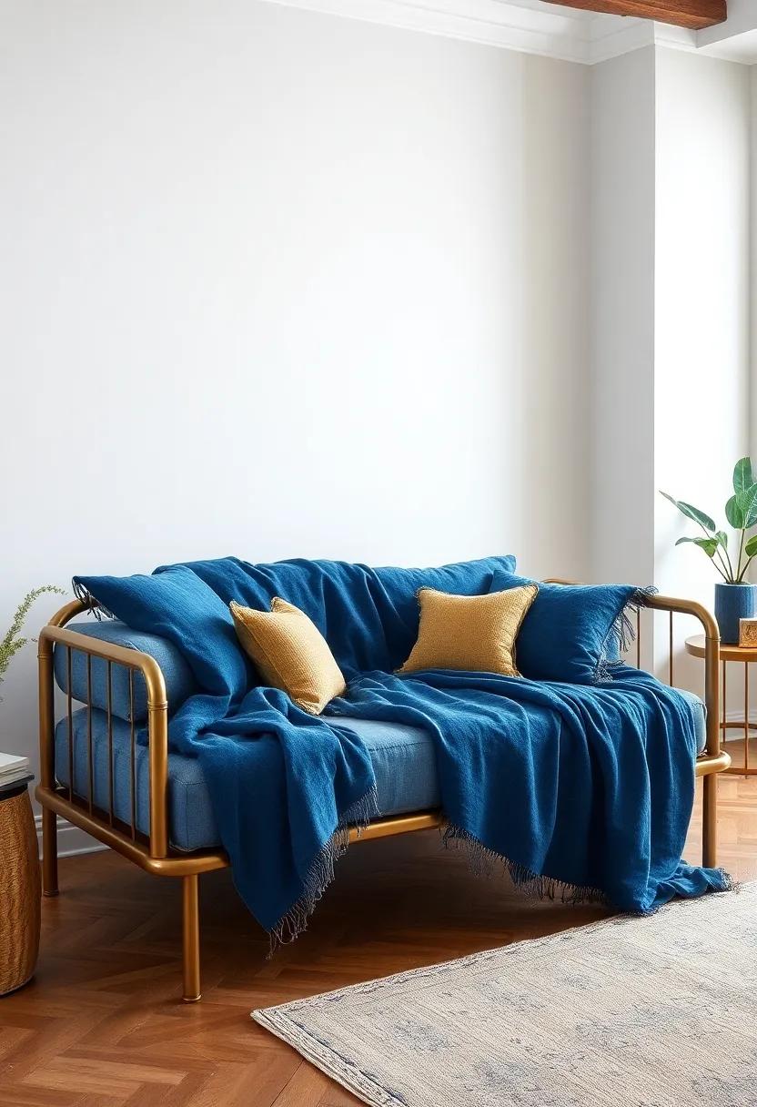 Soft Blue Throw Blankets Draped Over a Brass Frame Daybed Evoking Elegant Comfort and Warmth