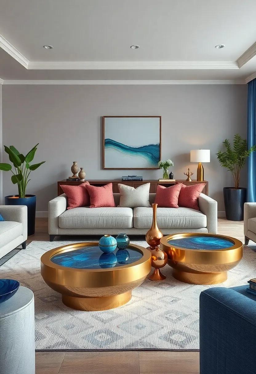 Sculptural Brass Coffee Tables with Blue Stone Insets as Artistic Centerpieces in Relaxed Rooms
