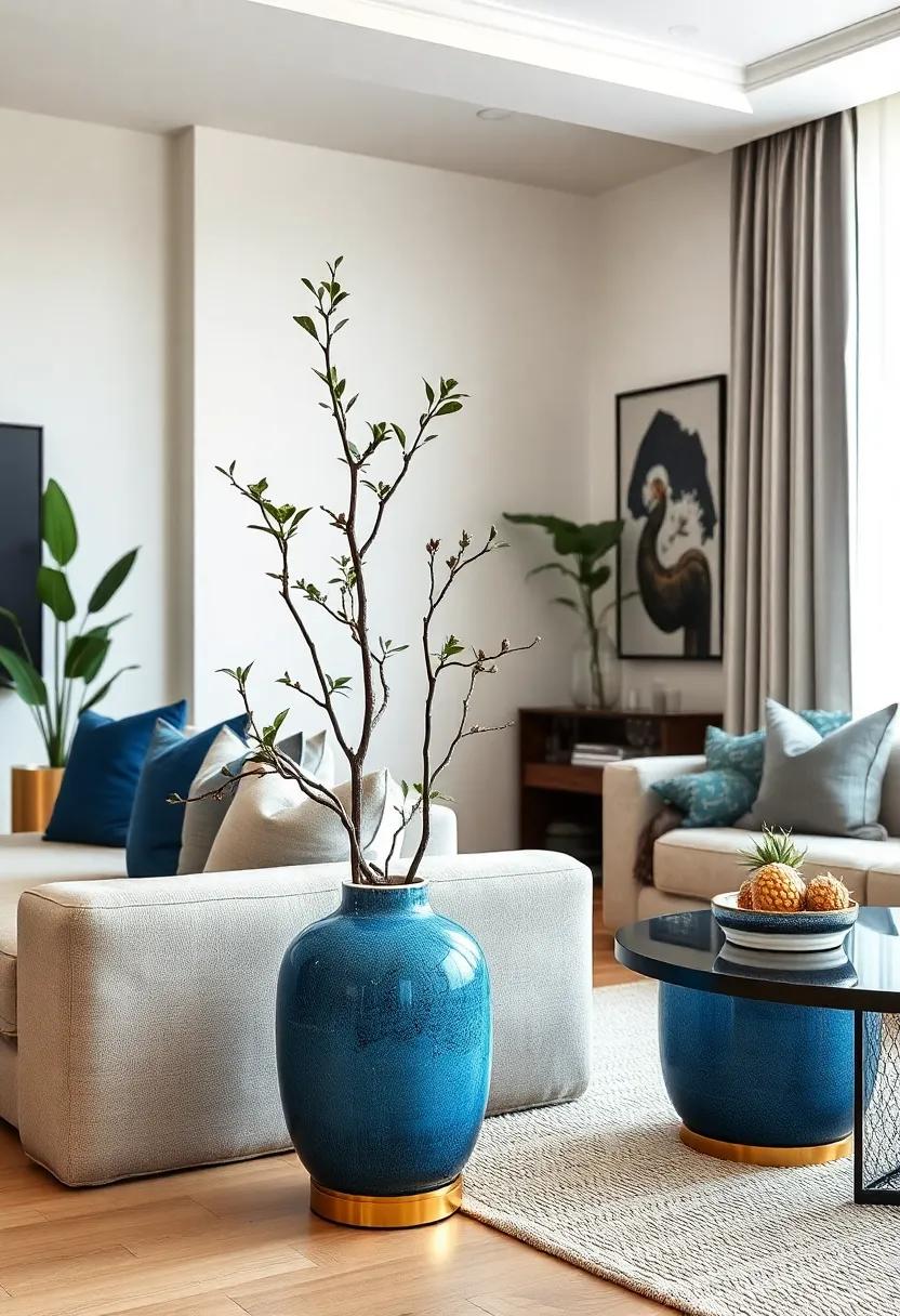 Brass Planters with Blue Ceramic Bases Infusing Natural Elements and Sophistication in a Living Room Corner