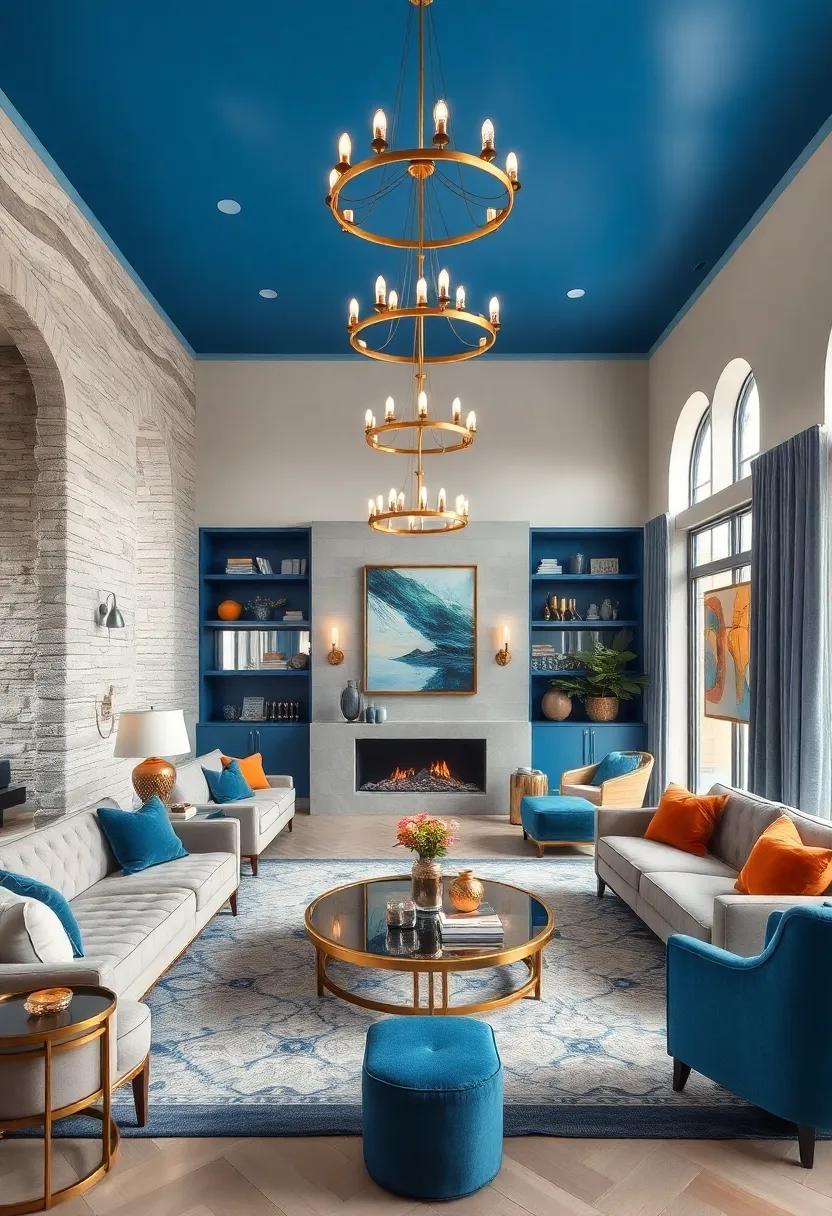 Modern Blue Geometric Art Mounted Over a Brass Console Table in a Contemporary Living Room Setting