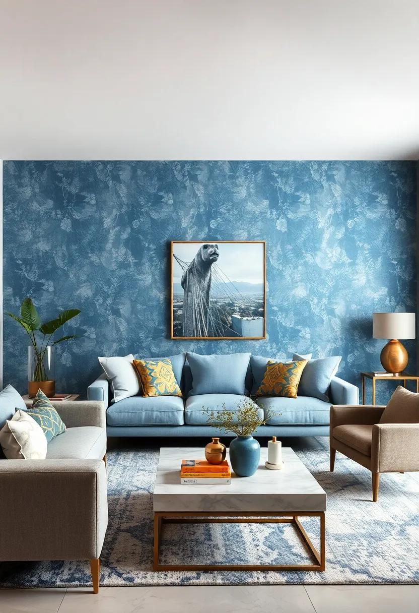 Muted Blue Wallpaper with Subtle Brass Flecks Creating Textural Interest and Depth on Living Room Walls
