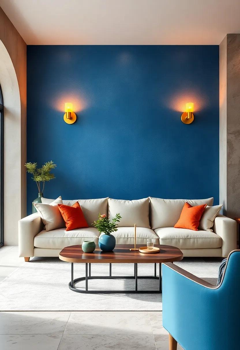 Ambient Lighting with Brass Wall Sconces Casting Warm Glows Over Blue Textured Accent Walls