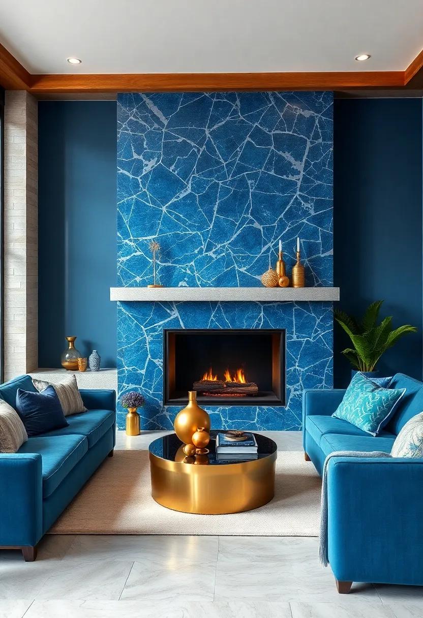 Blue Marble Fireplace Surround with Brass Hearth Accessories Creating a Statement Focal Point