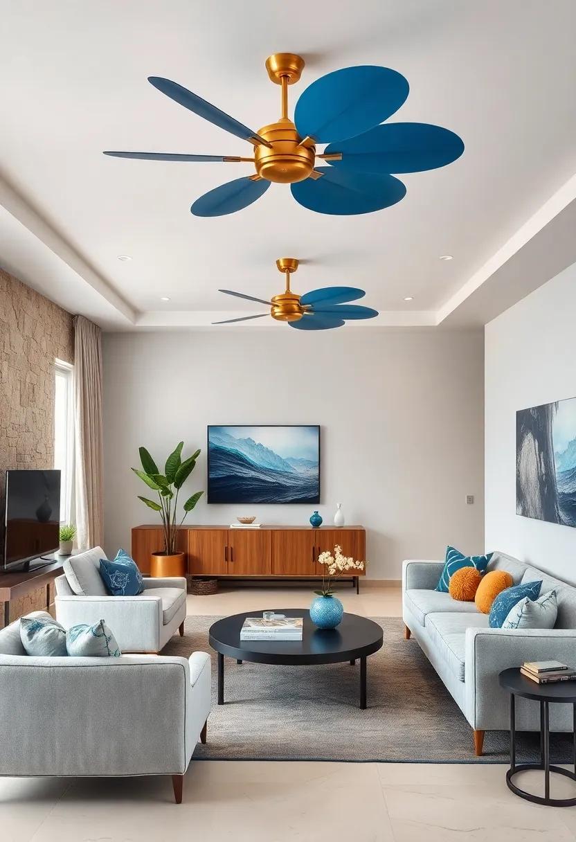 Brass Ceiling Fans with Blue Blades Combining Functionality and Design in Modern Living Spaces