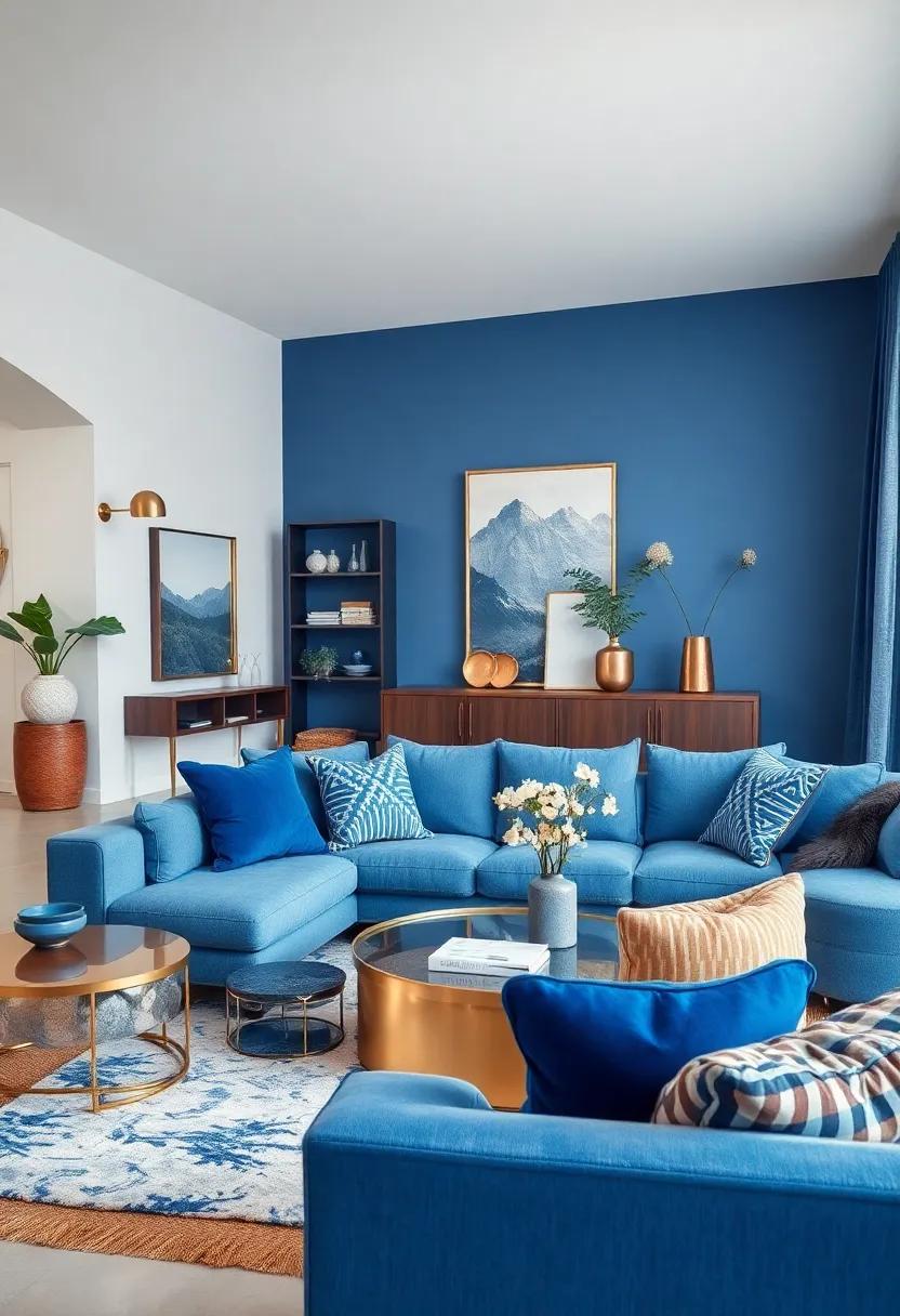 Eclectic Mixes of Matte Blue Textiles Balanced by Glossy Brass Accents in Bohemian Inspired Living Areas