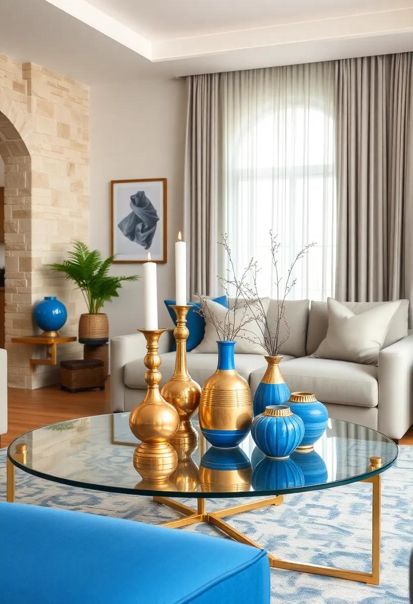 Brass Candle Holders and Blue Ceramic Vases Arranged Artfully on a Glass Coffee Table Display