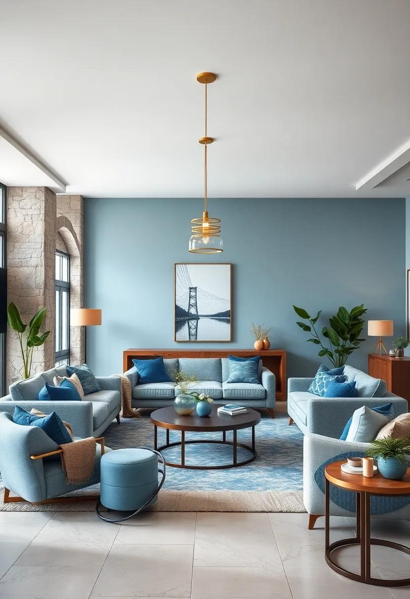 Chic Brass Pendant Lights Illuminating an Open Living Room with Seafoam Blue Accents and Natural Textures