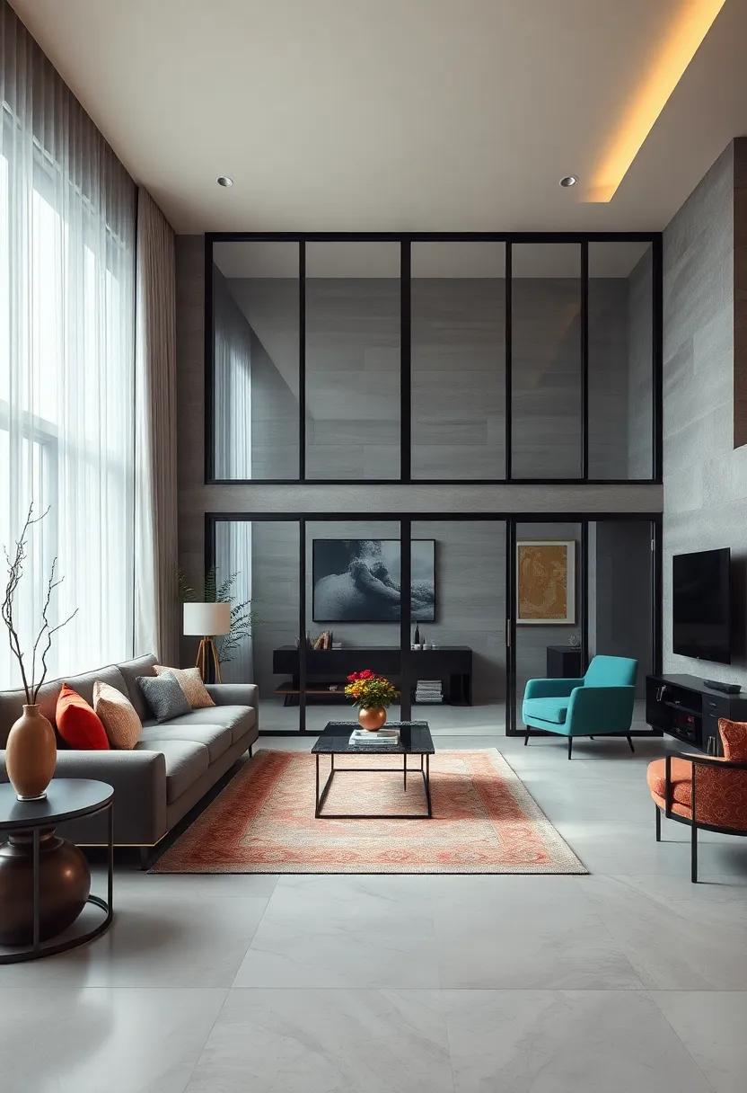 Elegant Living Room Dividers Featuring Floor-to-Ceiling Glass Panels Enhancing Natural Light and Openness