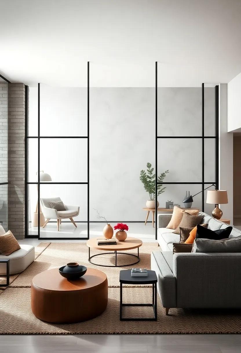 Minimalist Glass Panel Partitions Creating Serene and Airy Living Space Zones
