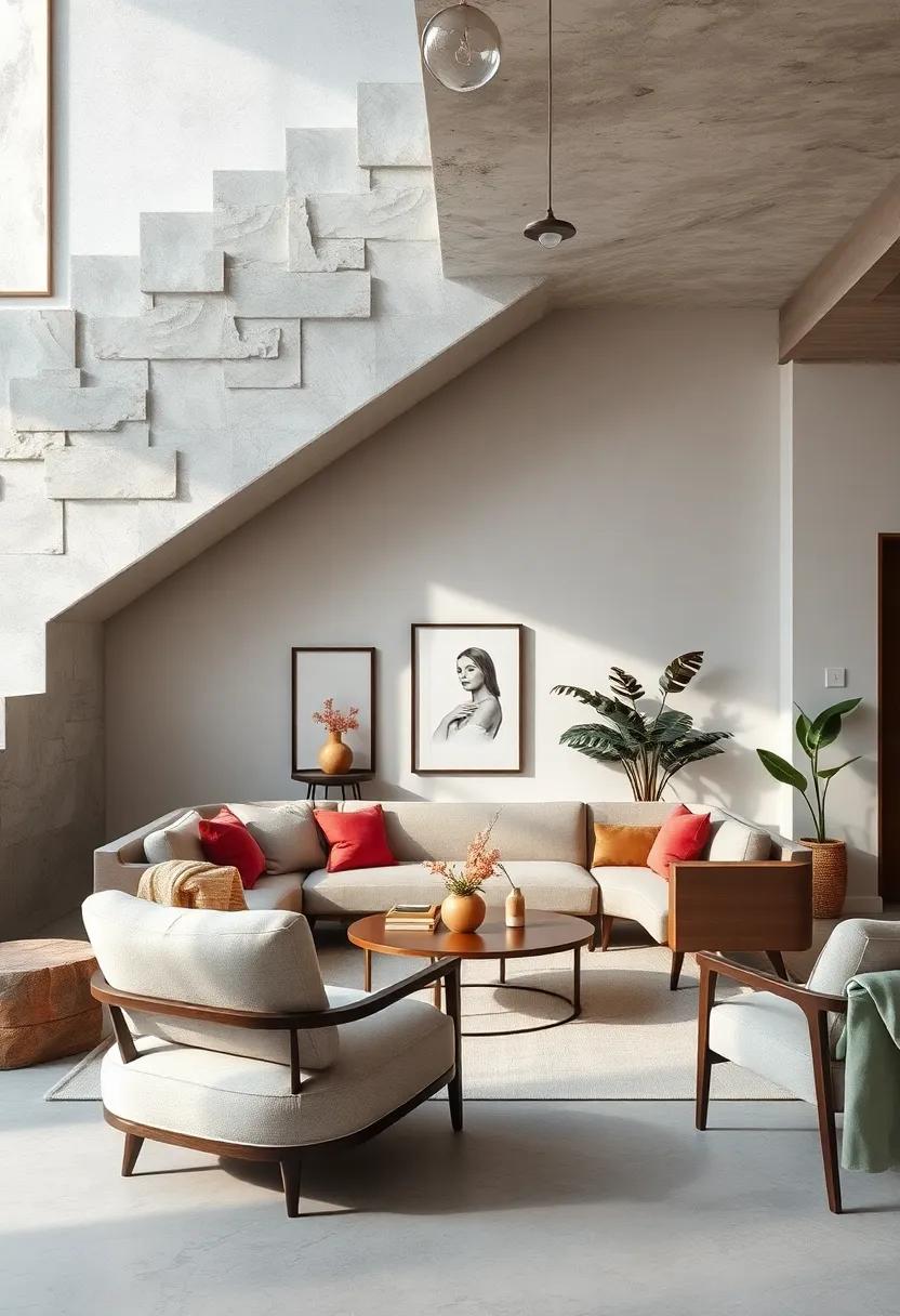 Chic Minimalist Seating Area Bathed in Natural Light Beneath Stairs Complemented by Sleek Modern Furnishings