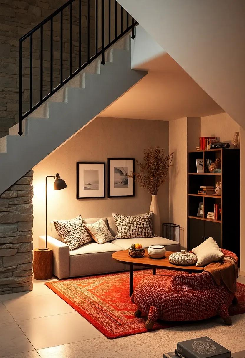 Cozy Reading Nook with Plush Cushions and Warm Accent Lighting Nestled into a Compact Under-Stairs Corner