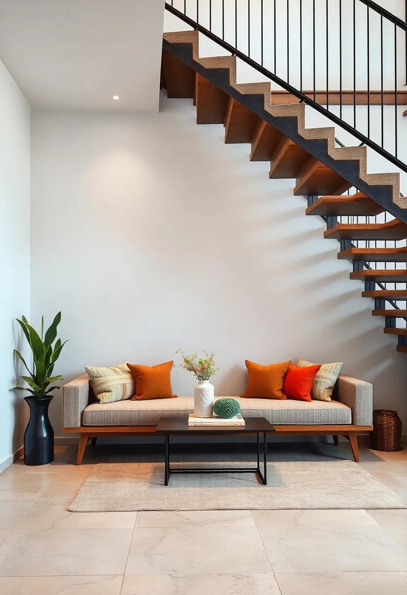 Artfully Arranged Cushioned Benches Inviting Relaxation and Elegance Beneath a Modern Staircase