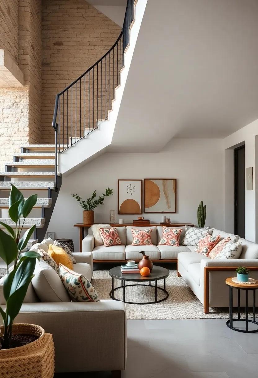 Relaxed Bohemian Vibes with Patterned Pillows and Vintage Accents Beneath a Contemporary Staircase