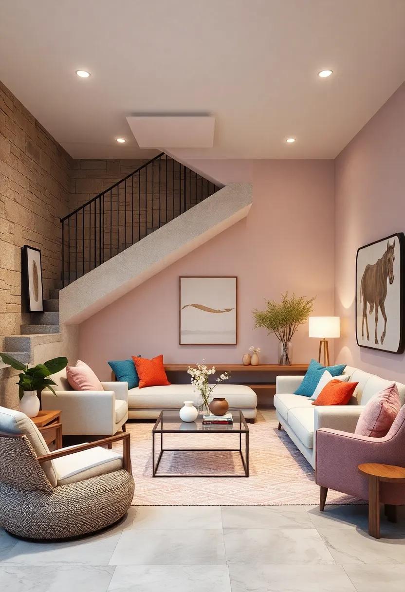 Soft Pastel Color Palettes Creating Calming and Chic Under-Stairs Retreats with Modern Furnishings