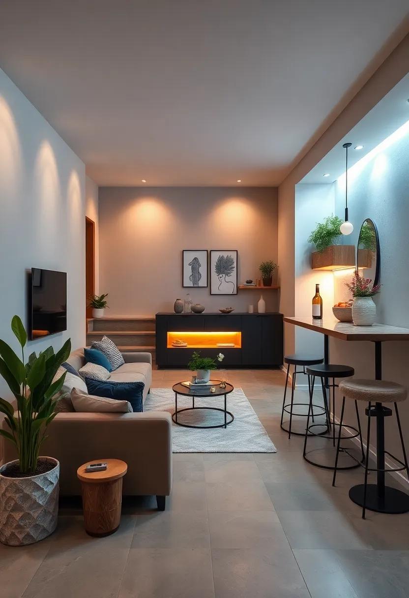 Modern Geometric Rugs Adding Texture and Color to a Sophisticated Under-Stairs Lounge Setup