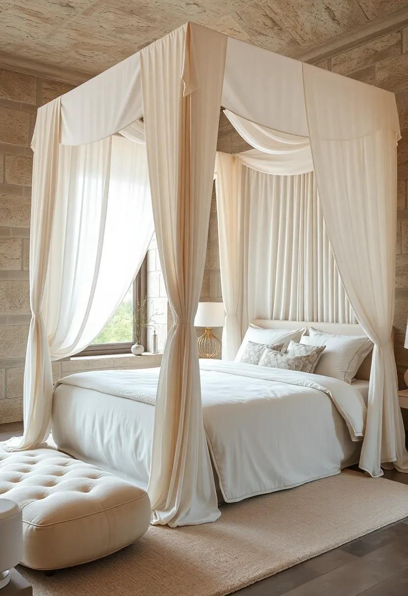 Luxurious Ivory Canopy Beds Draped with Flowing Beige Fabrics Set Against Muted Stone Walls