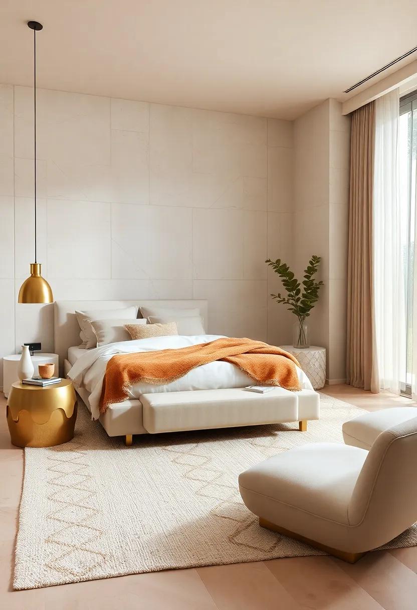 Calm Ivory Bedroom Corners with Geometric Beige Rugs and Sleek Metallic Accent Pieces
