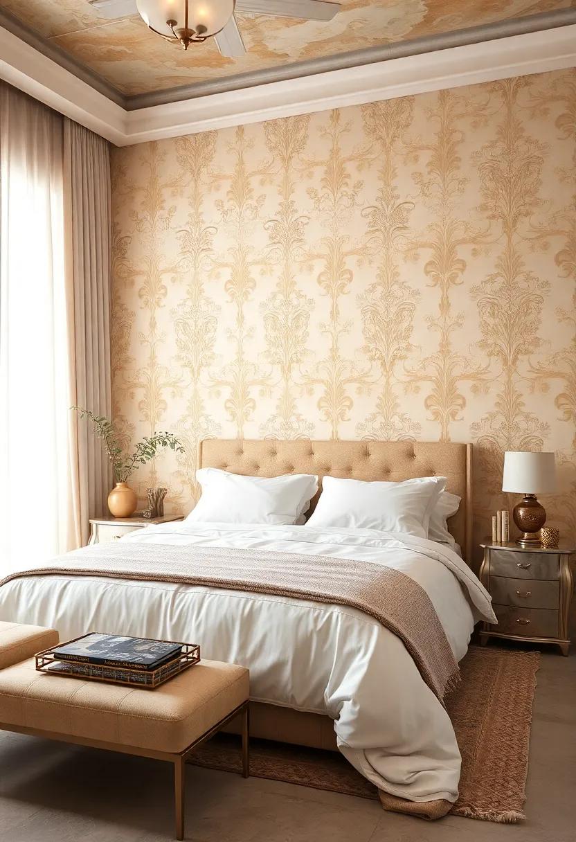 Timeless Style in Bedrooms Featuring Ivory Wallpaper with Subtle Beige Damask Patterns