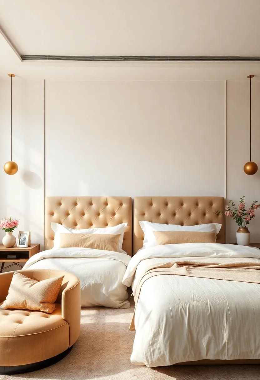 Elegant Beige Upholstered Headboards Framed by Ivory Walls and Subtle Gold Decorative Elements