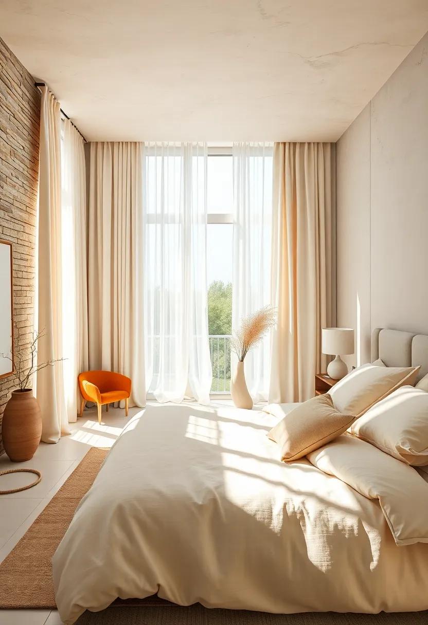 Sun-Drenched Bedrooms Highlighting Ivory Drapes and Beige Linen Bedding for a Tranquil Ambiance