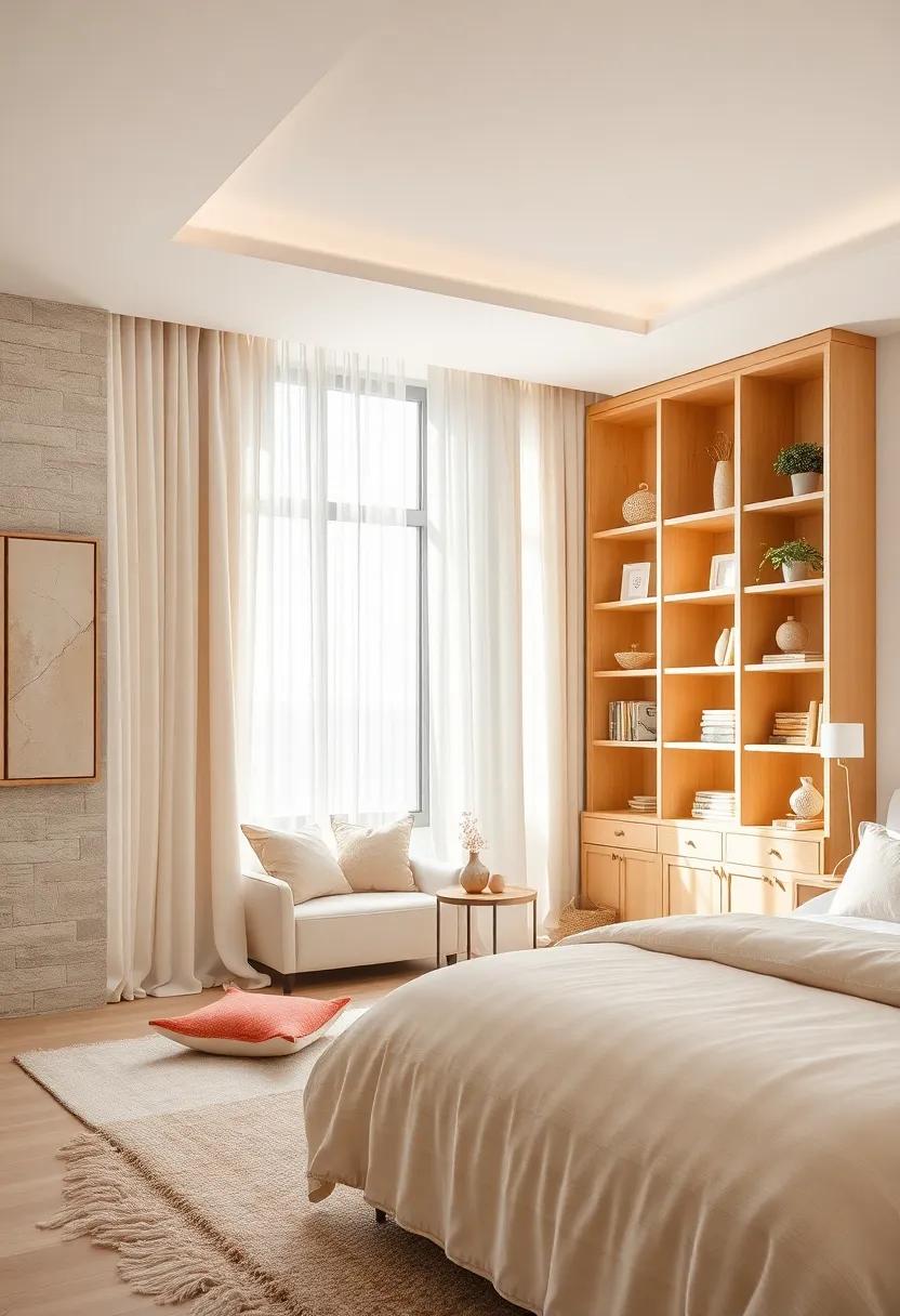 Cozy Reading Nooks Nestled Among Soft Ivory Curtains and Rich Beige Wooden Shelving Units