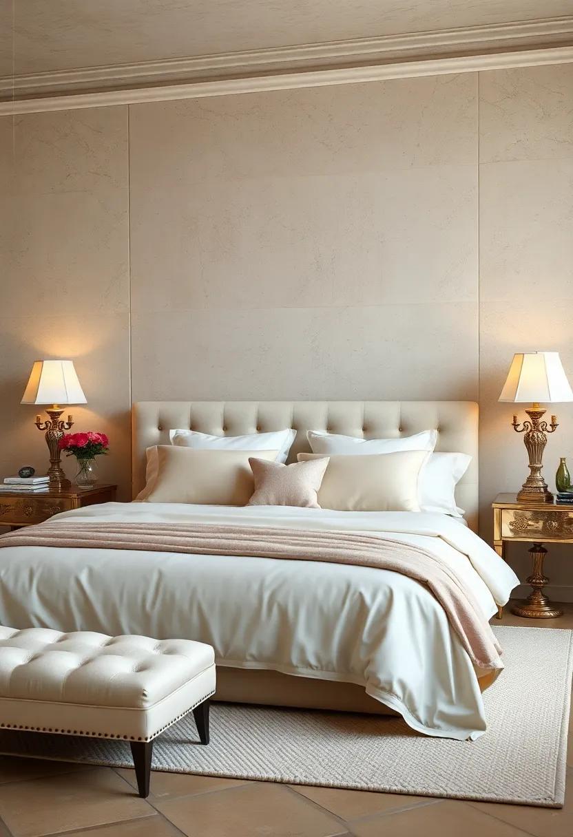 Soft Ambient Lighting Dancing Across a Beige and Ivory Bedroom Featuring Layered Sheer Curtains