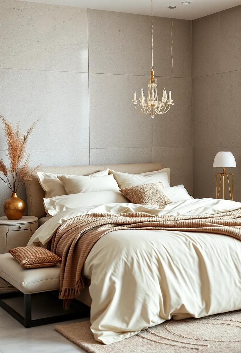 Luxurious Bedding Layers Featuring Creamy Ivory Sheets, Taupe Throws, and Textured Beige Pillows