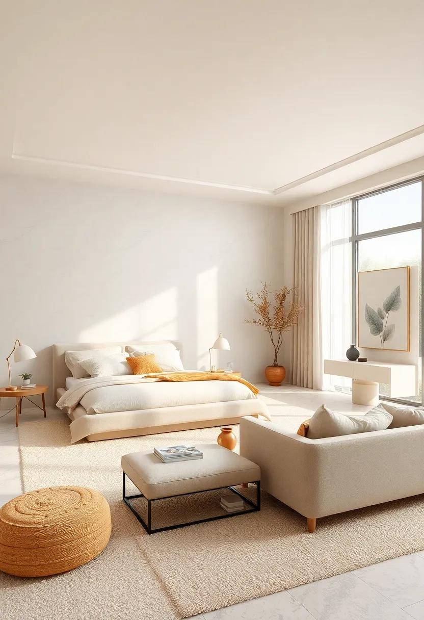 Minimalist Sanctuary with Matte Ivory Walls, Pale Beige Carpets, and Streamlined Modern Furniture