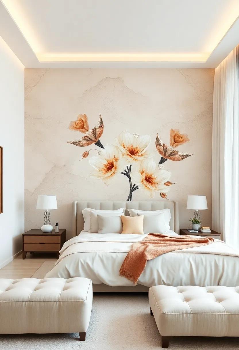 Artistic Beige and Ivory Wall Murals Blending Abstract Florals with Soft Neutral Color Palettes