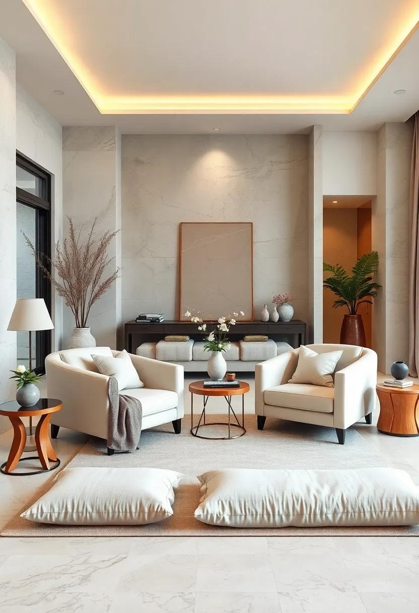 Inviting Ivory Armchairs Paired with Beige Floor Cushions in a Serene and Spacious Reading Area