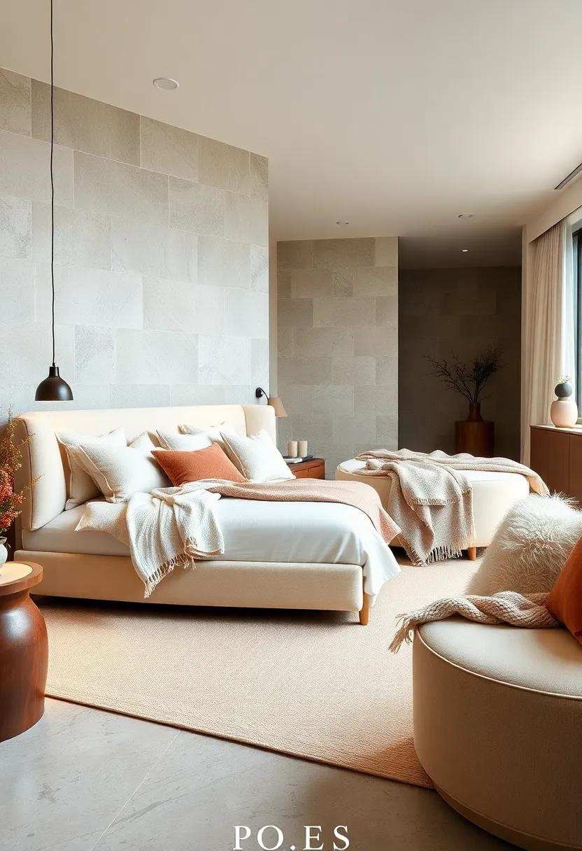 Beige Upholstered Benches Complementing Ivory Bedding and Soft Natural Wool Throws for Cozy Comfort