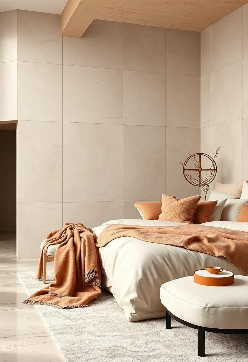 Textured Ivory Wall Panels Accentuated by Deep Beige Velvet Throws and Matching Cushions