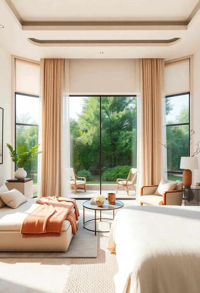 Soft Beige Drapery Over Ivory Walls Framing Panoramic Window Views of a Peaceful Garden