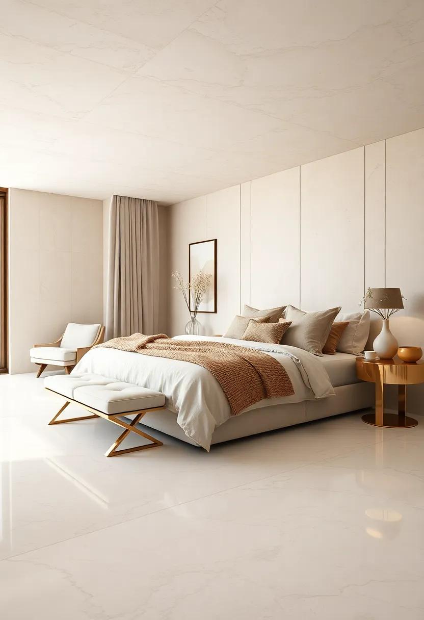 Chic Contemporary Bedrooms Showcasing Polished Ivory Surfaces and Warm Beige Textured Throws