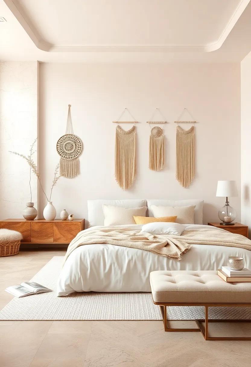 Soft Ivory Canvases Featuring Subtle Beige Accents and Delicate Artisan Wall Hangings