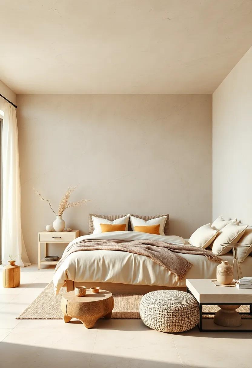 Rustic Beige Bedroom Settings with Ivory-Washed Wooden Elements and Earthy Ceramic Accessories