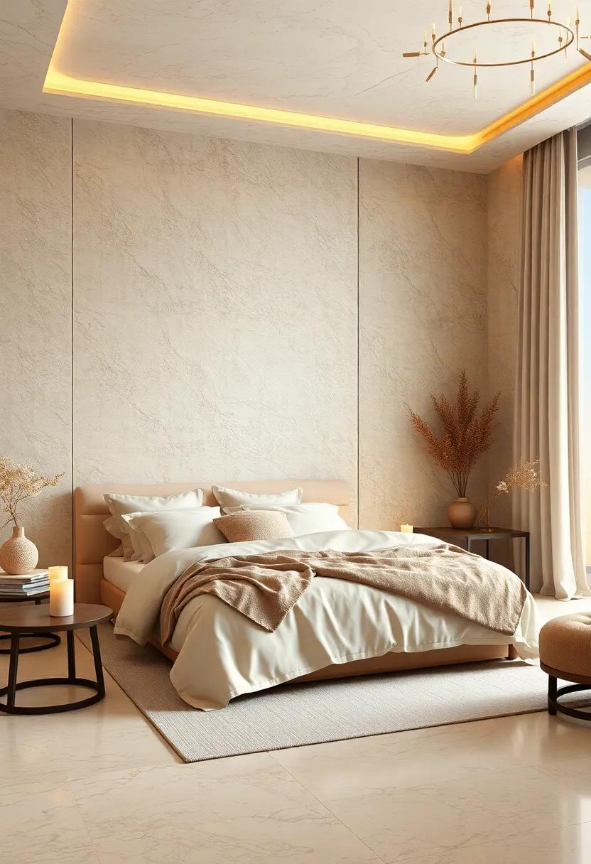 Neutral Palette Bedrooms with Layered Textures in Beige and Ivory, Accentuated by Soft Candlelight