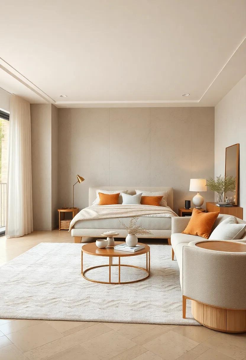 Plush Beige Rugs and Ivory Upholstered Seating Creating a Relaxed yet Refined Bedroom Atmosphere