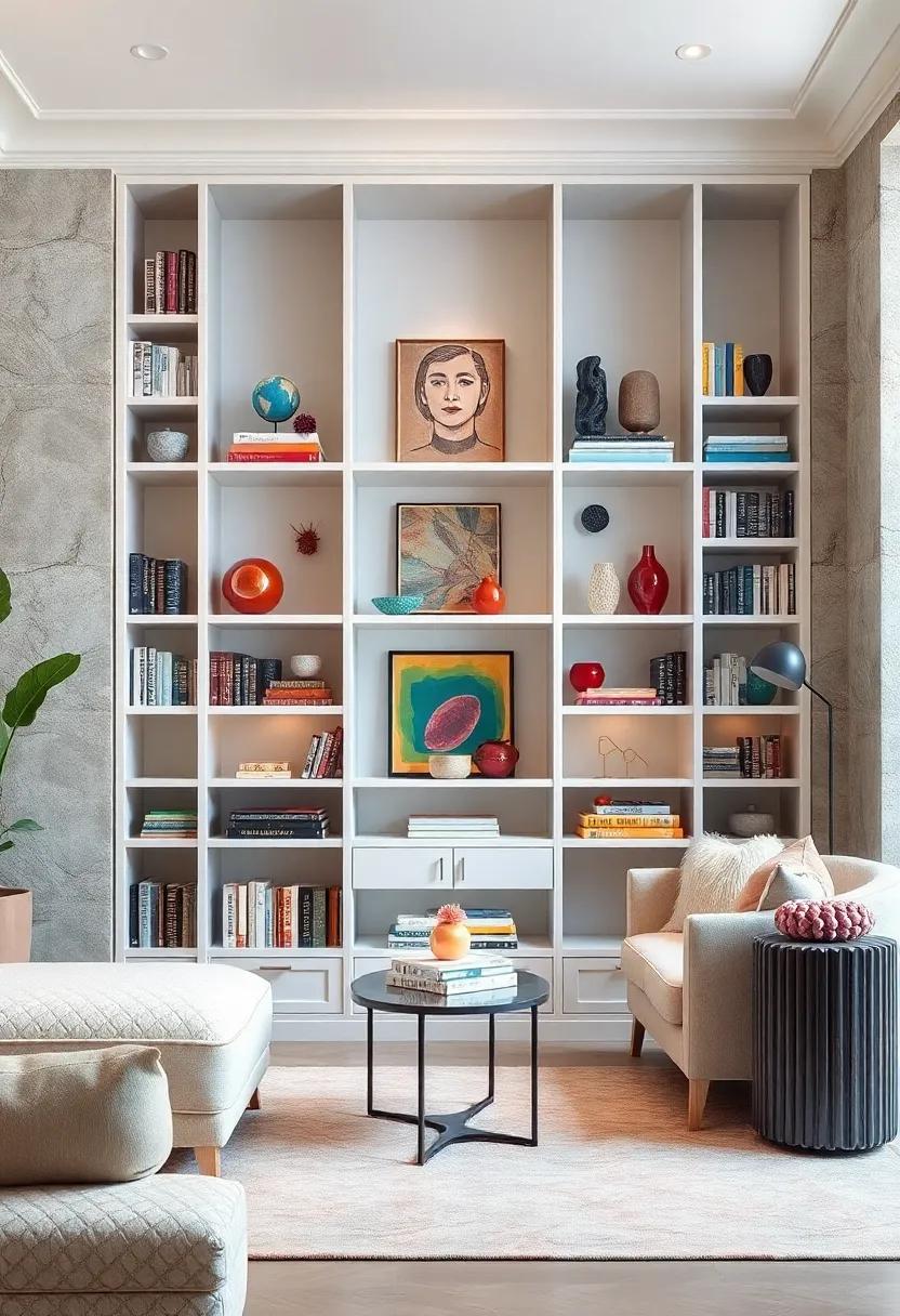 Accent a Minimalist White Bookshelf with Unexpected Pops of Jewel-Toned Decorative Objects