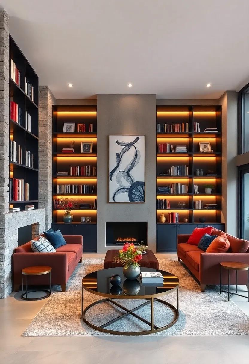 Create a Dramatic Contrast Using Deep Navy Bookshelves Paired with Warm, Amber Lighting