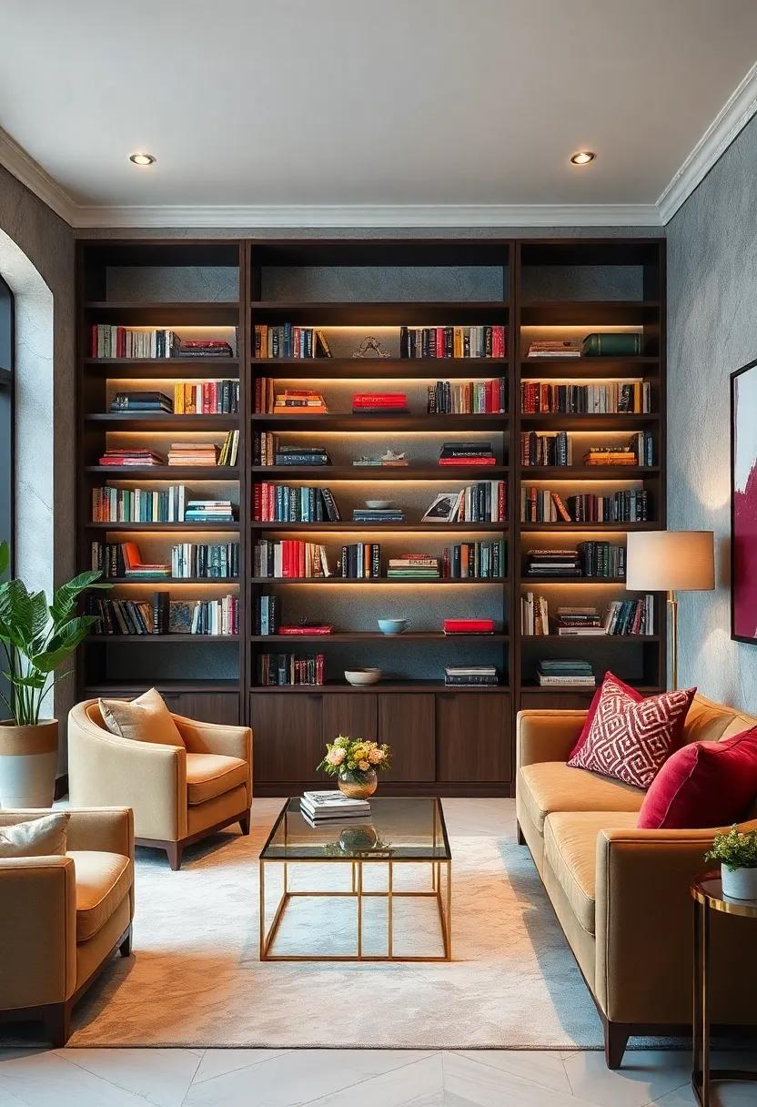 Define a Glamorous Bookshelf Space with Velvet Accents and Polished Brass Fixtures