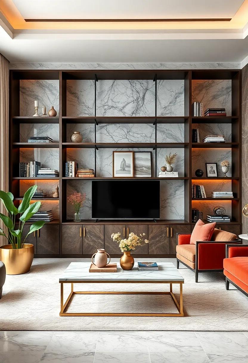 Elevate Your Living Room Ambiance with a Sleek Marble and Gold Luxury Bookshelf Ensemble