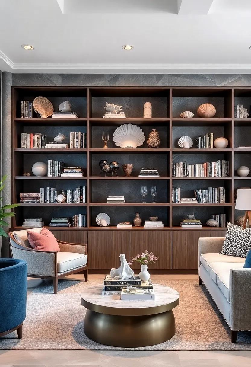 Envision a Coastal Chic Luxury Bookshelf Styled with Seashells, Driftwood, and Ocean-Inspired Hues