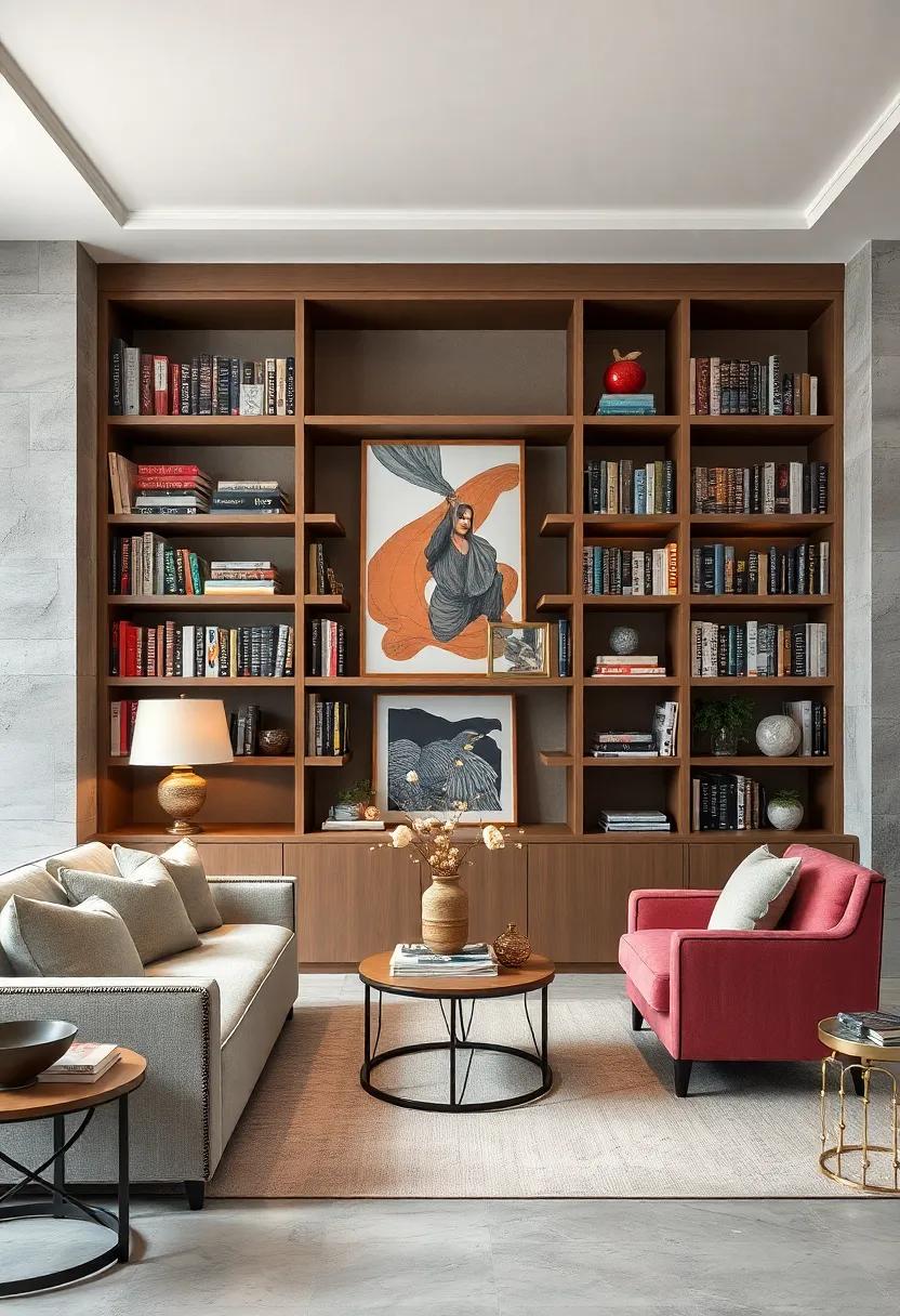 Highlight Designer Collectibles and Fine Art Prints as Focal Points Amidst Neutral Book Arrangements