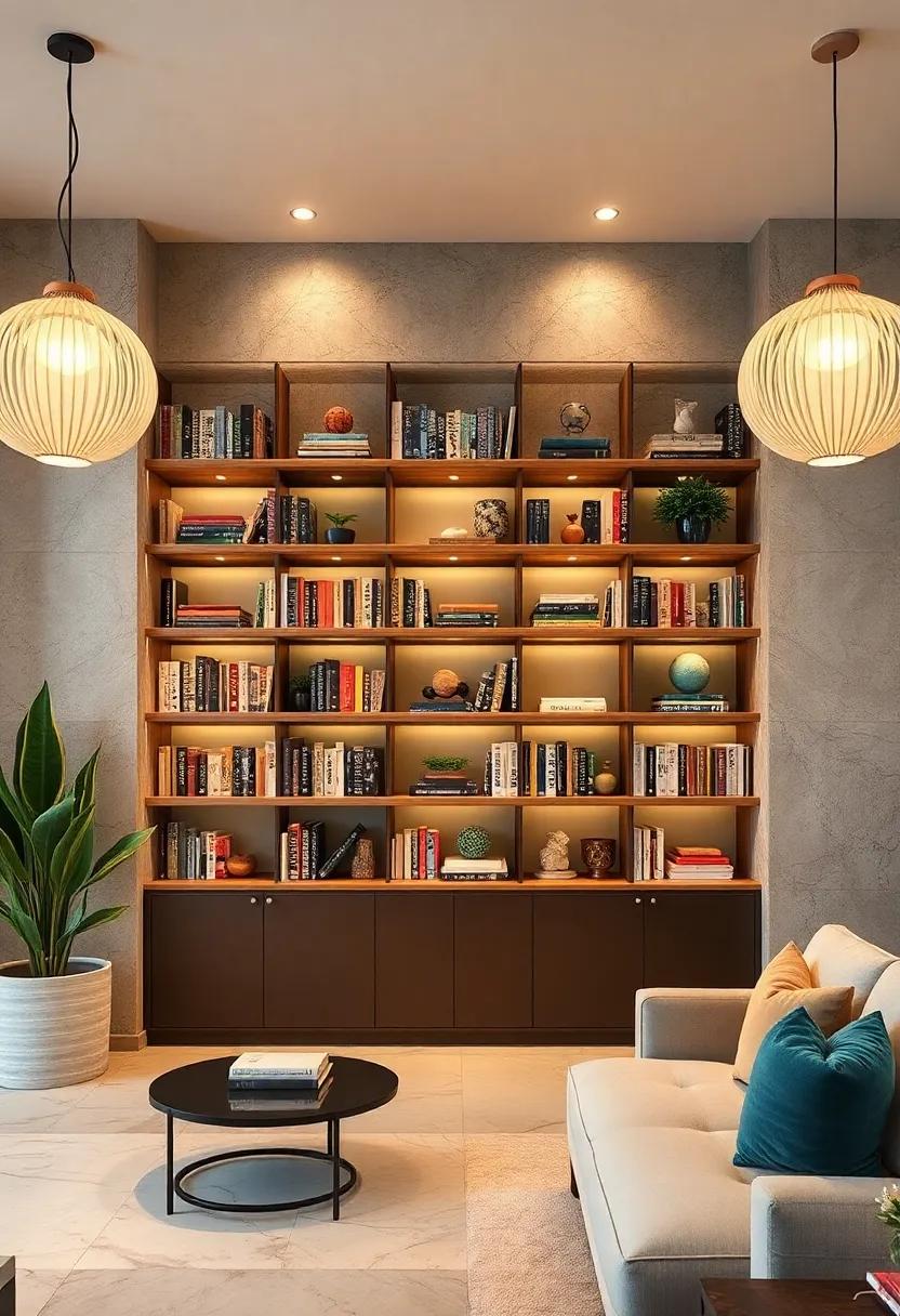 Introduce Sculptural Lighting Fixtures Above the Bookshelf to Cast Artistic Shadows and Highlight Details
