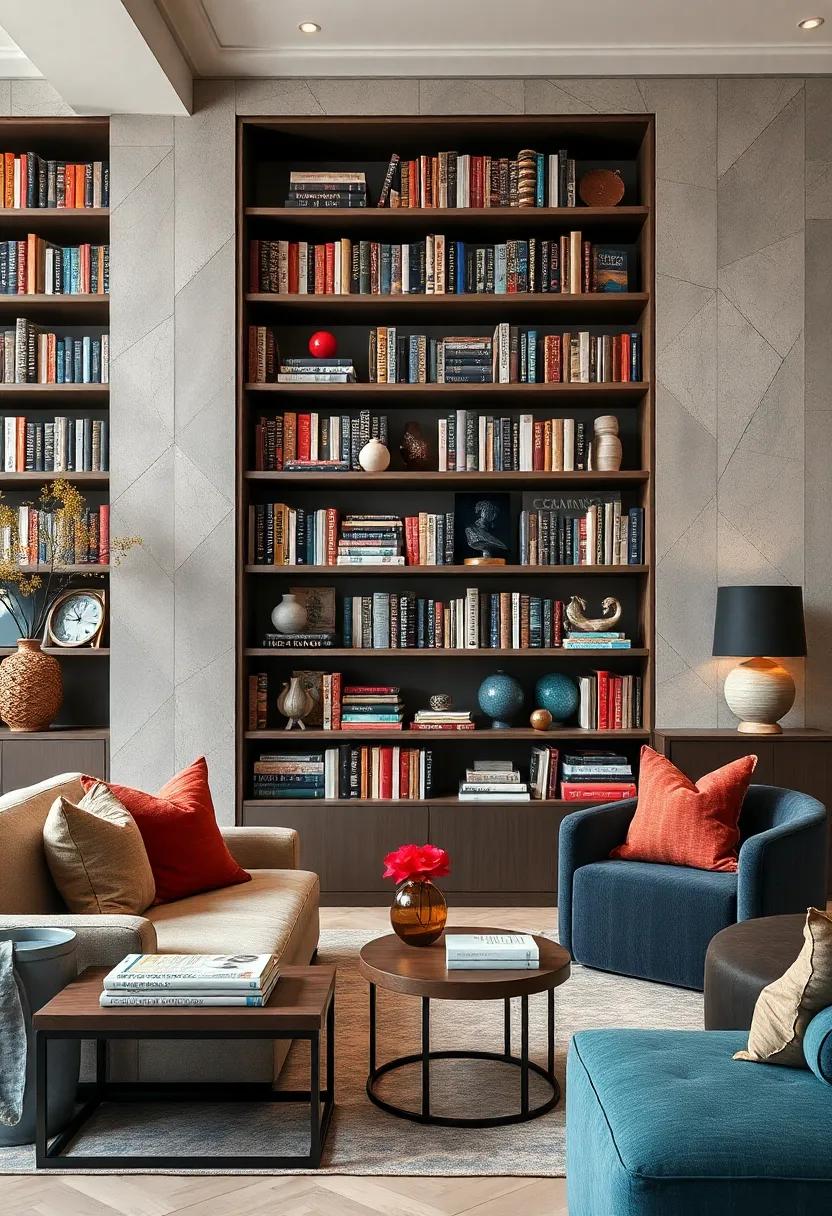 Showcase Artistic Sculptures and Unique Finds Alongside Your Book Collection for Visual Depth