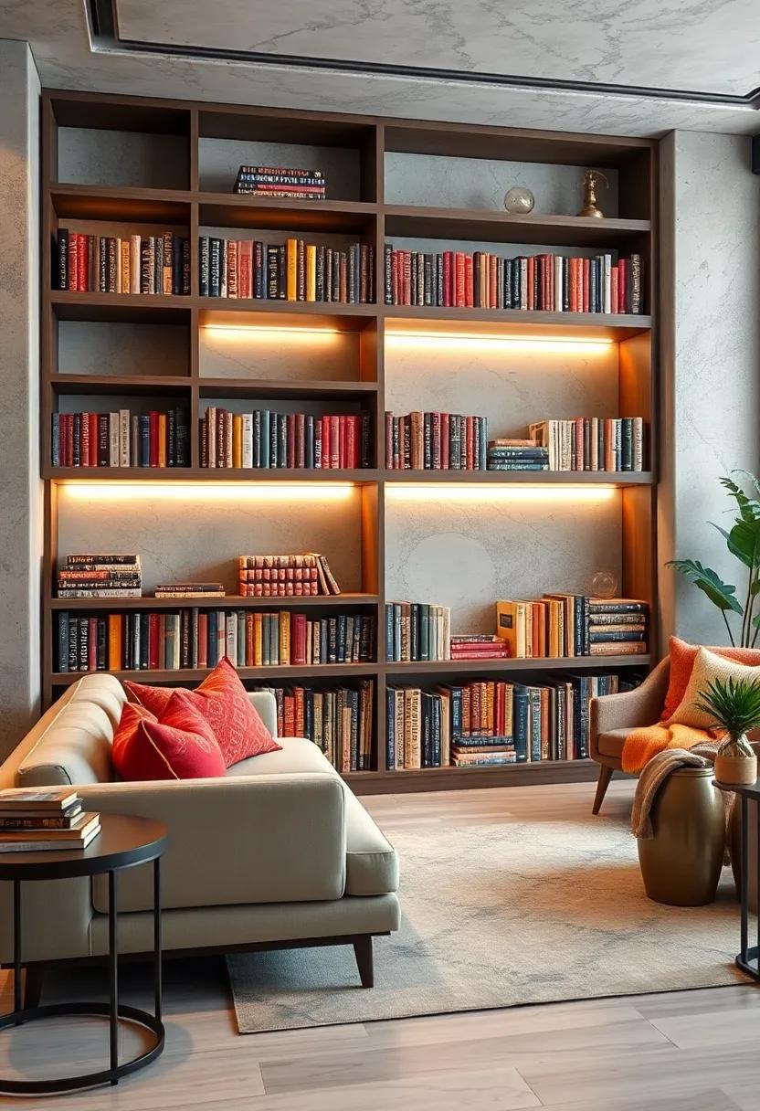 Showcase Color-Coded Book Arrangements Enhanced by Subtle Accent Lighting for a Sophisticated Palette