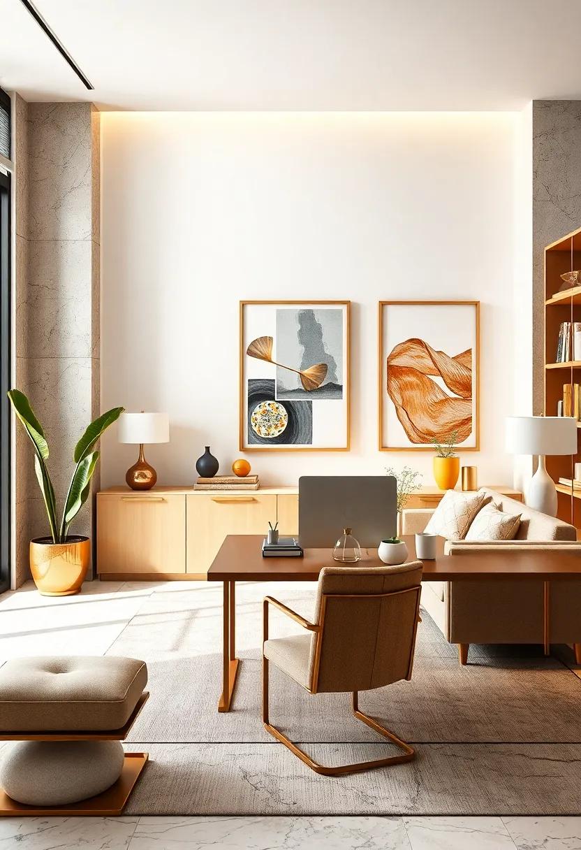 Modern Art Prints With Hints Of Gold Framing A Functional Workspace Designed For Creative Professionals
